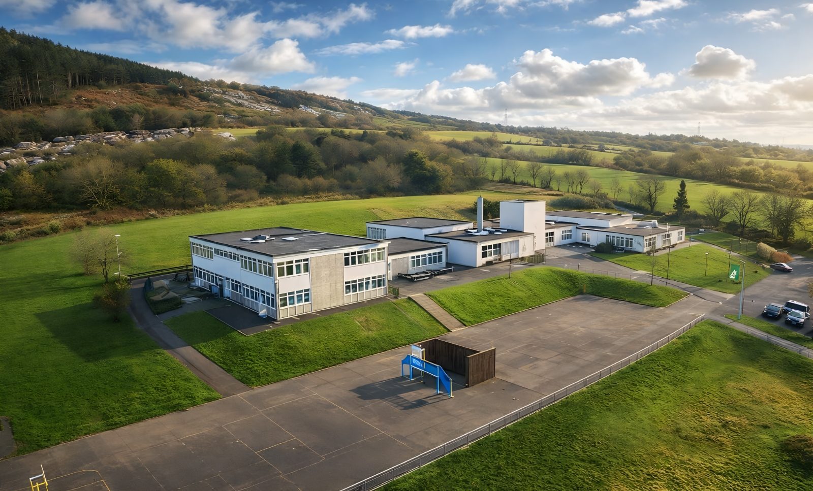 Aerial view of Blaenbaglan Primary School and the surrounding landscape