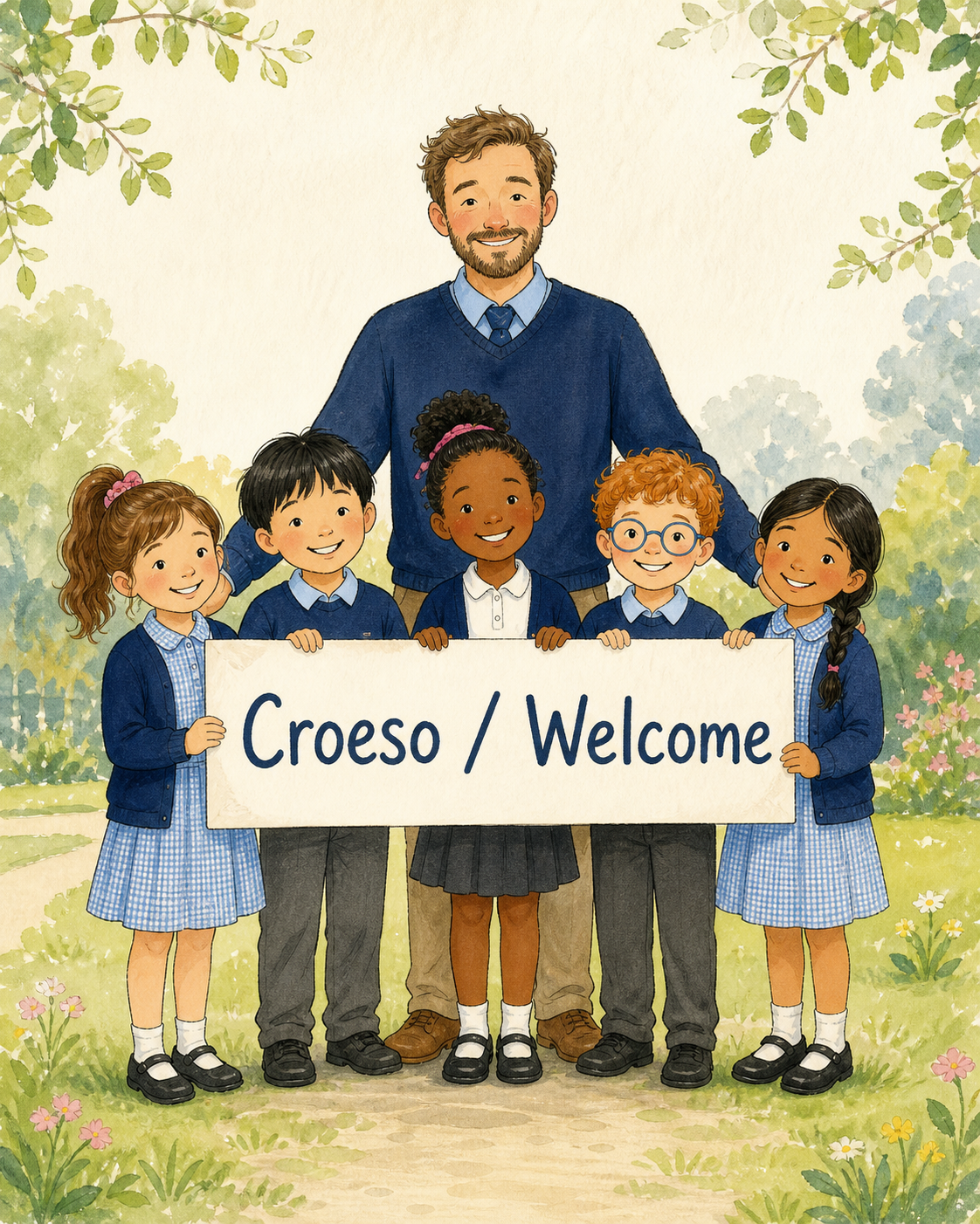 Illustrated placeholder of a headteacher and children holding a Croeso and Welcome sign