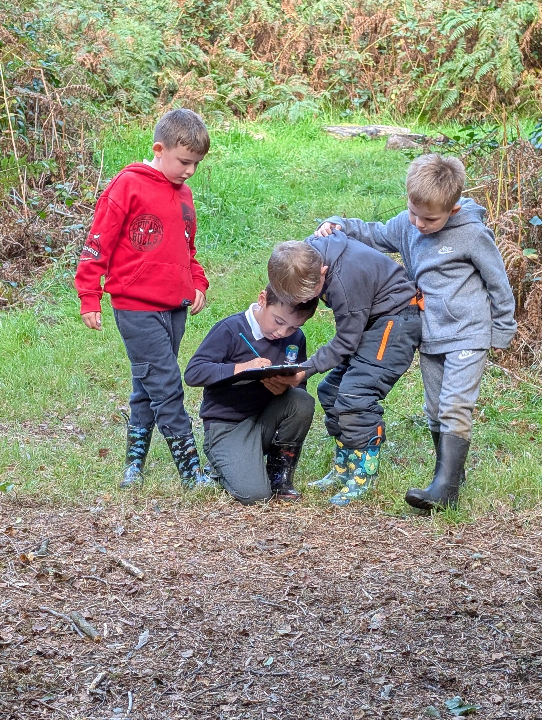 Pupils making notes together in the woodland